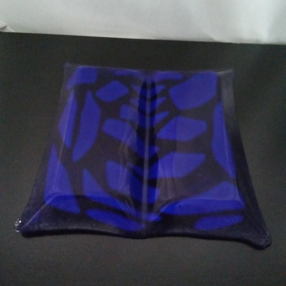 Artisan Fused Glass Square Decorative Bowl Cobalt Blue Turquoise Abstract Mosaic
